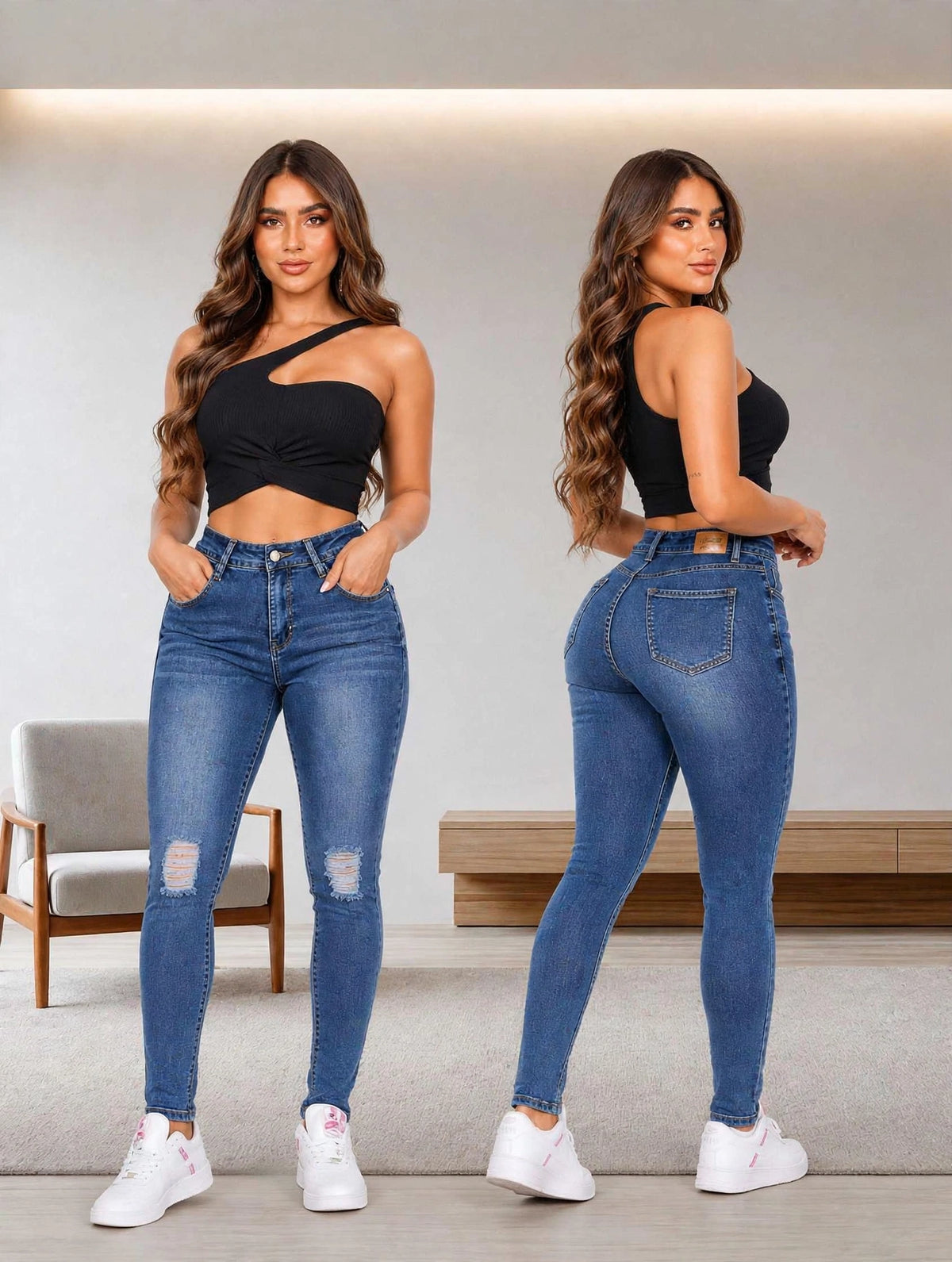 Jeans Skinny Mujer Modelo 237S - Mezclilla Azul con Desgaste en Rodillas | Push Up Tiro Alto