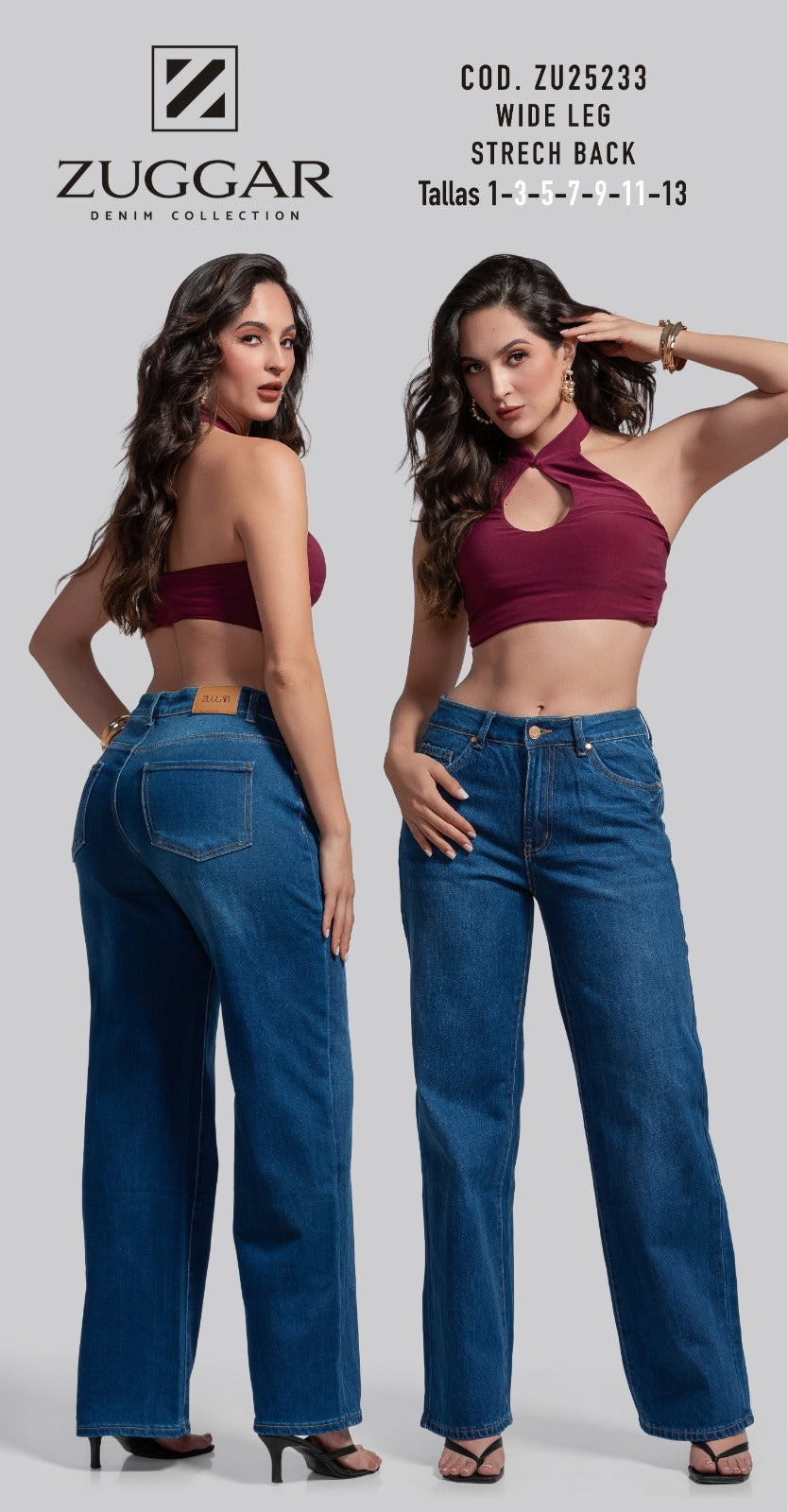 Jeans Wide Leg Strech Back Zuggar - Tiro Alto - Mezclilla Stretch - Cod ZU25233