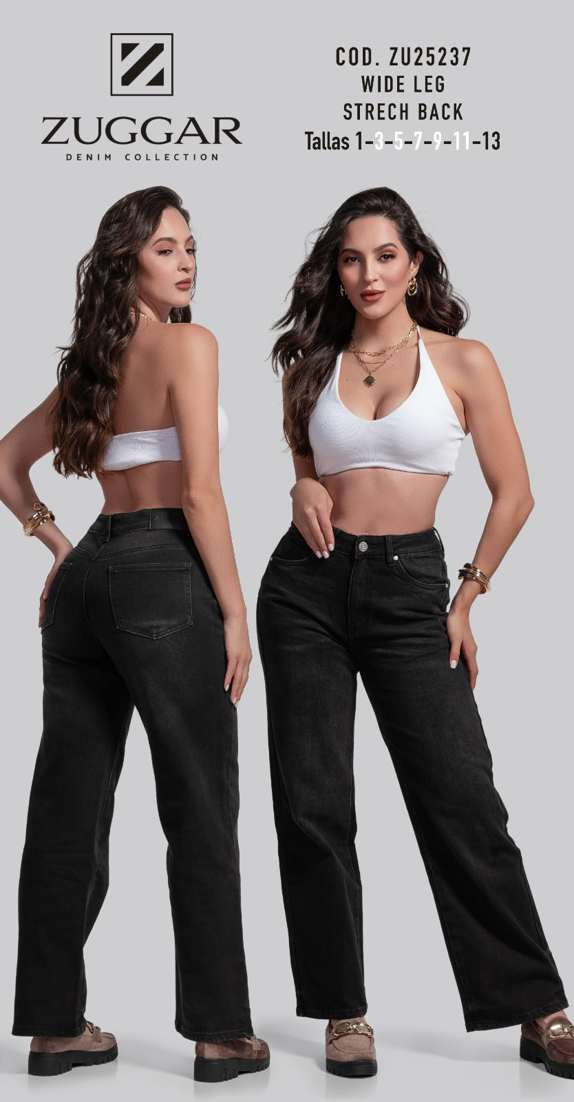 Jean ZUGGAR ZU25237 Wide Leg Strech Back Negro - Tiro Alto | Tallas 1 a 13