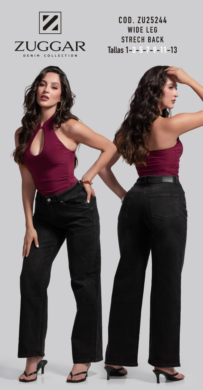 Jeans ZUGGAR ZU25244 Wide Leg Strech Back Negro | Tiro Alto - Corte Ancho